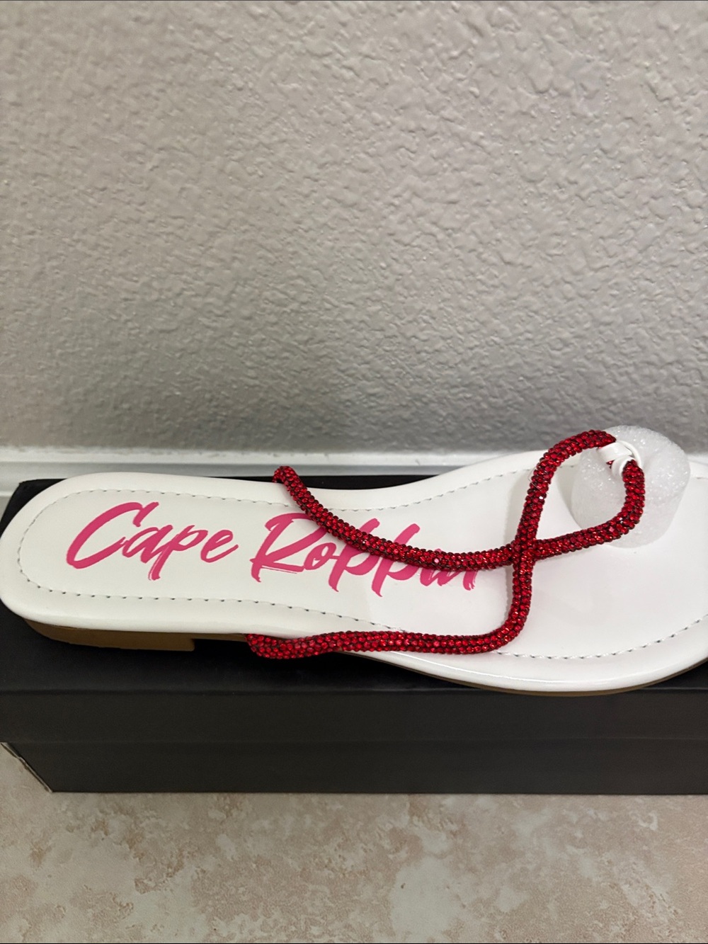 White Slide Sandals with Red Beaded Strap
